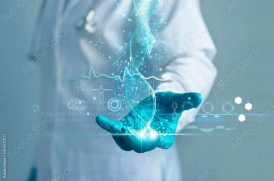 Doctor holding a digital DNA helix with medical data projections.