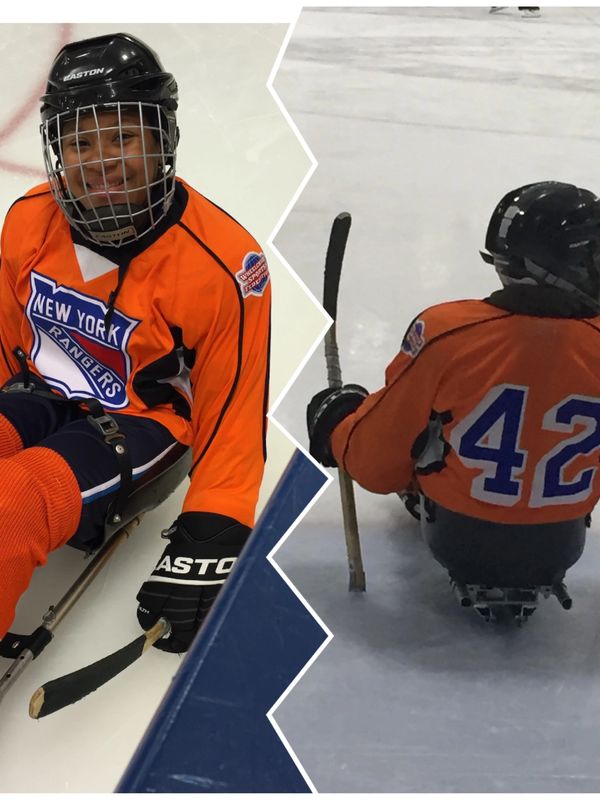 Front & back of Johileny on hockey sled. She wears an orange jersey of number 42.
