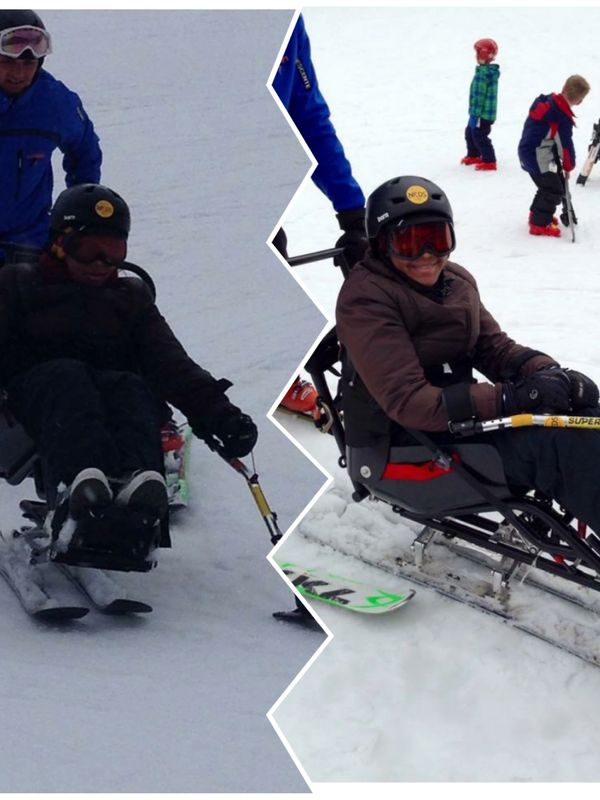 2 photos of Johileny on a bi ski.