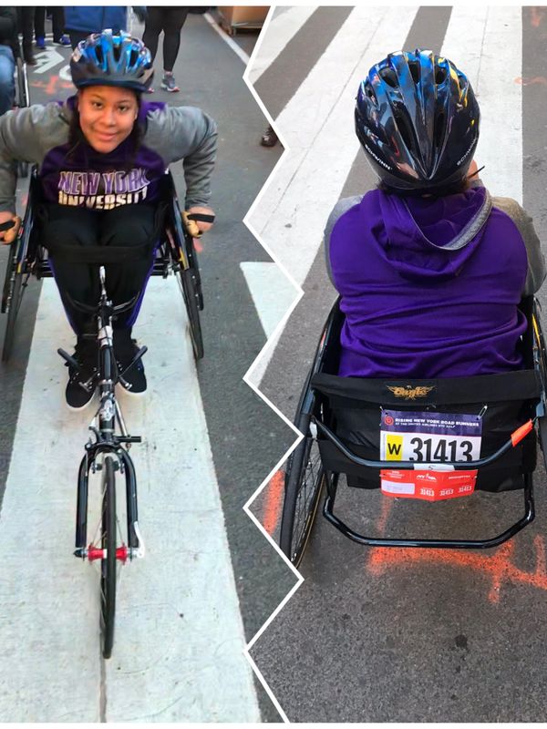 Front & back image of Johileny in racing wheelchair. She has a blue helmet  and purple sweatshirt.