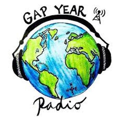 An icon of Earth wearing headphones is beneath the text "Gap Year Radio." An antenna symbol is above