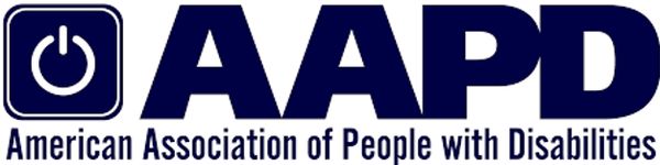AAPD American Association of People with Disabilities and a power button. AAPD Logo.
