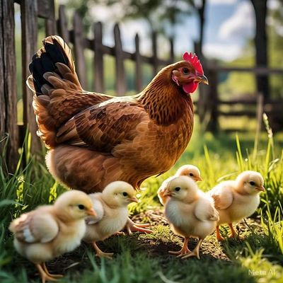 A hen with her five fluffy yellow chicks outdoors near a wooden fence.