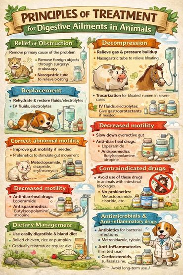 Infographic on principles of treating digestive ailments in animals with detailed steps and drug guidelines.