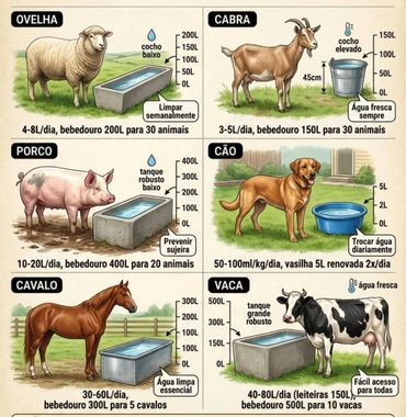 Guide for daily water needs and drinker sizes for sheep, goats, pigs, dogs, horses, and cows.