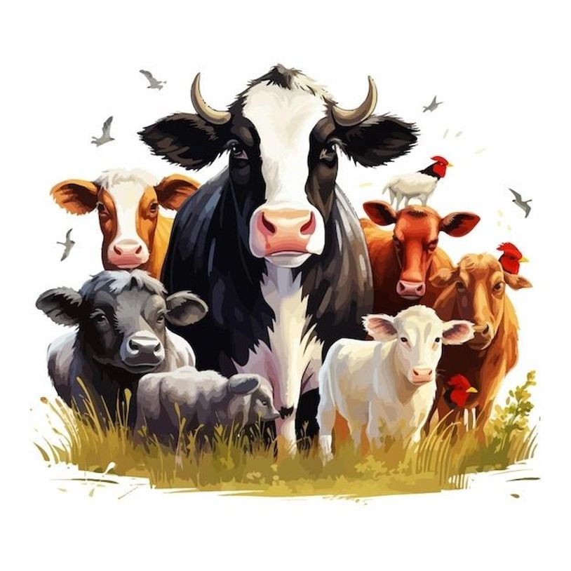 A colorful illustration of cows and sheep in a grassy field with birds flying around.