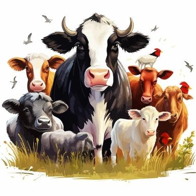 A group of colorful cows and calves with birds on some of them in a grassy field.