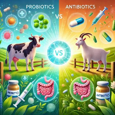 Illustration comparing probiotics and antibiotics with cows, goats, and digestive systems.