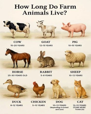Illustrated guide showing the lifespan of common farm animals.