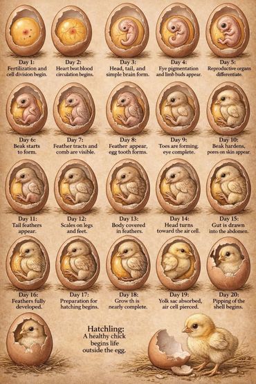Illustration of chick embryo development inside an egg from day 1 to hatching.
