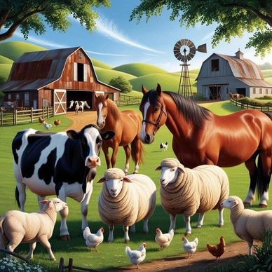 Farm animals including horses, cows, sheep, and chickens in a sunny countryside setting.