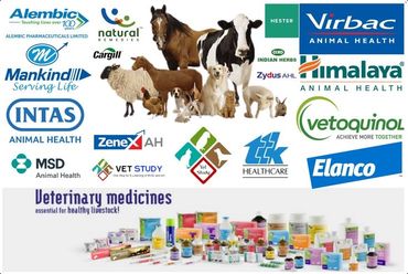 Various veterinary medicine brands with animals and product display for livestock health.