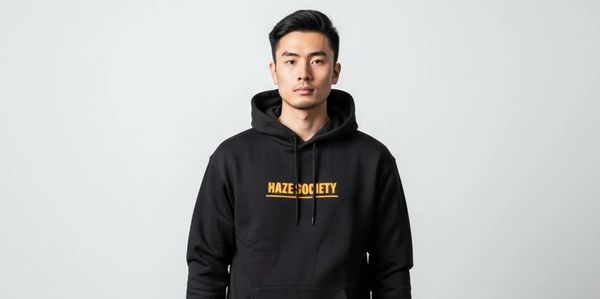 Man wearing a black hoodie with "HAZE SOCIETY" text, standing against a plain light background.