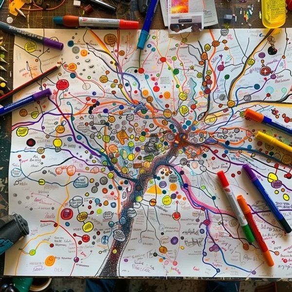 Colorful mind map with a tree structure surrounded by markers and pens.