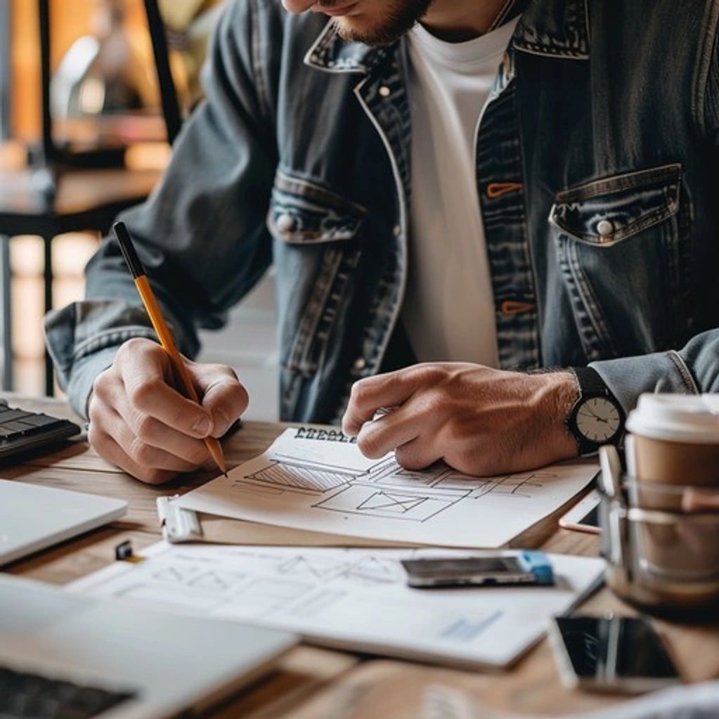 Man sketching architectural plans at a wooden desk with coffee and laptop.
