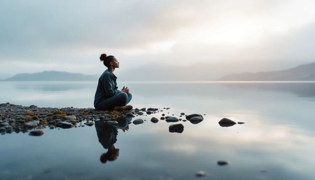 Person meditating by a calm lakeside during sunrise.