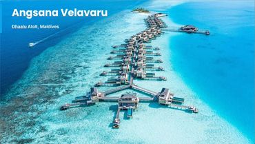 Aerial view of Angsana Velavaru resort in Maldives with overwater villas and clear turquoise water.