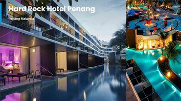 Hard Rock Hotel Penang with luxurious poolside rooms and vibrant nighttime pool area.