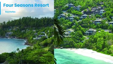 Four Seasons Resort in Seychelles nestled among lush greenery and turquoise waters.