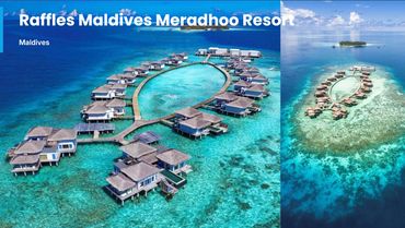 Overwater villas at Raffles Maldives Meradhoo Resort surrounded by turquoise waters.