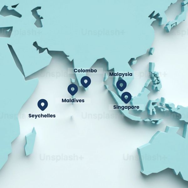 3D map highlighting Seychelles, Maldives, Colombo, Malaysia, and Singapore in blue.