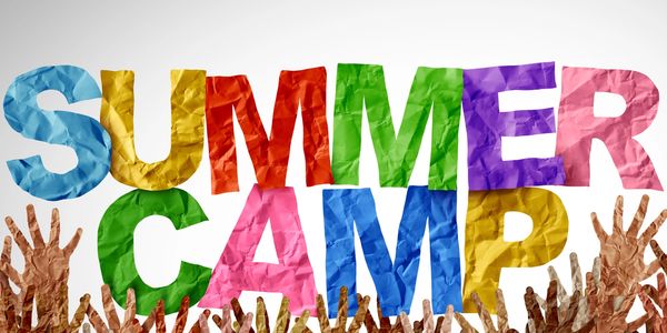 Colorful 'SUMMER CAMP' text with raised hands below.