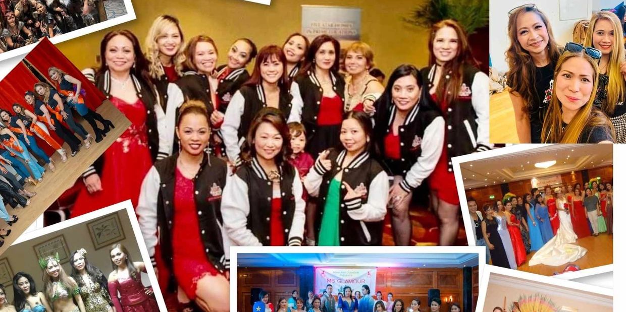Group photos of women in various outfits at social events and gatherings.