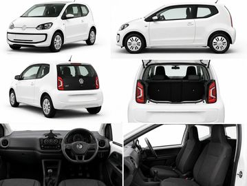 White compact hatchback Volkswagen car shown from multiple angles and interior views.