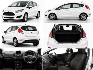White compact hatchback car shown from multiple angles and interior views.