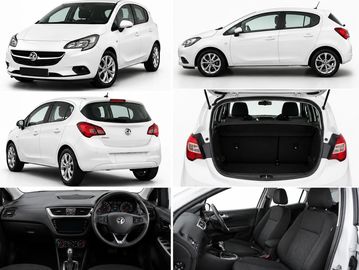 Multiple views of a white hatchback car, including exterior and interior shots.
