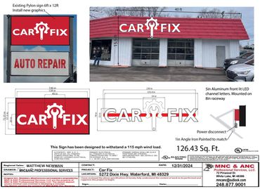 COMPLETE DRAWING OF NEW SIGNS FOR CARFIX IN WATERFORD MI