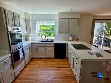 Modern kitchen with white cabinets and wooden floors.