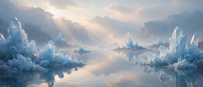 Frozen icy landscape with crystal formations and a misty sky.