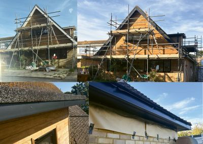 Collage of house roof renovation with scaffolding and new gutter installation.