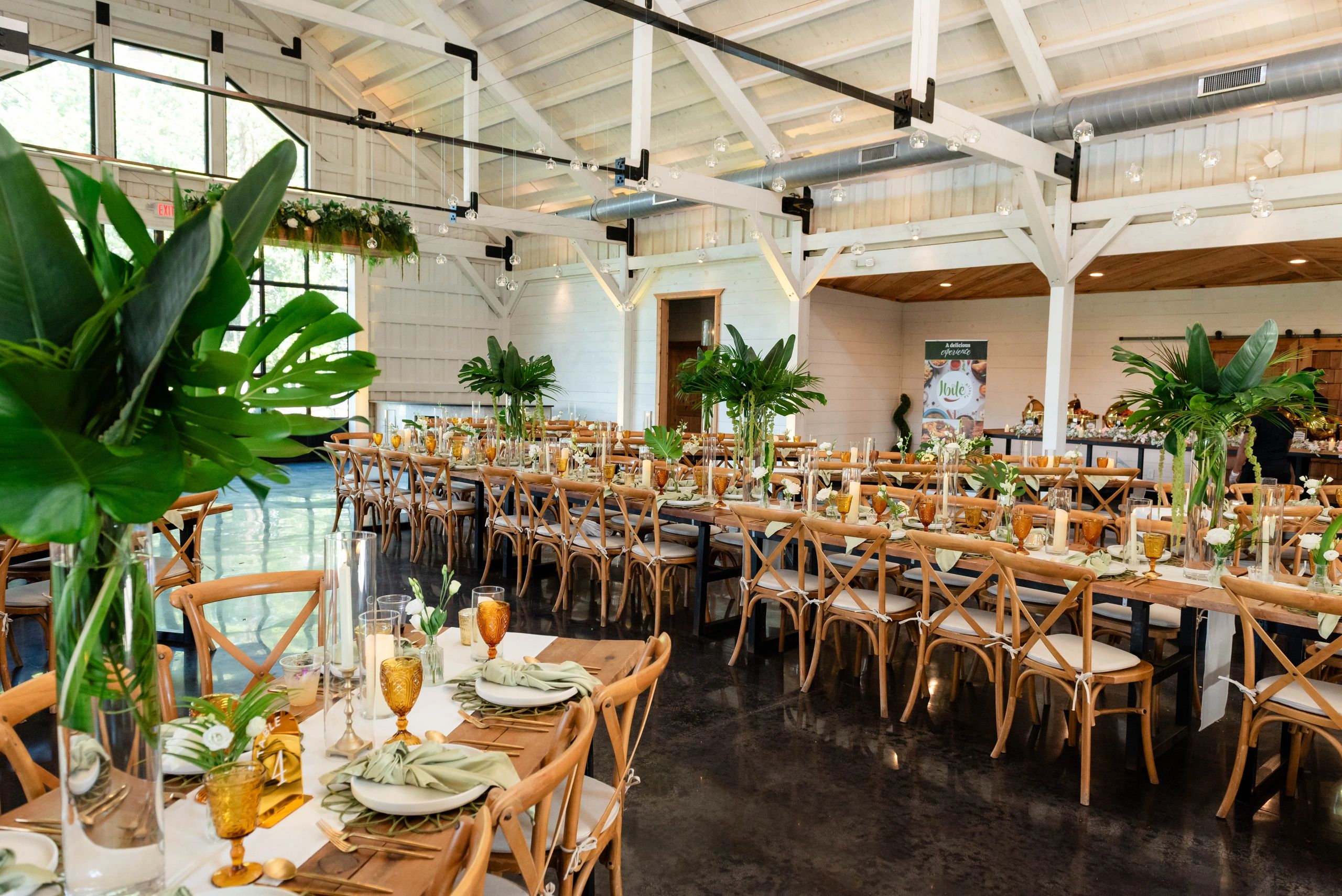 Wedding decoration with tropical flowers, tabletop decor, glass orb ceiling installation north Ga