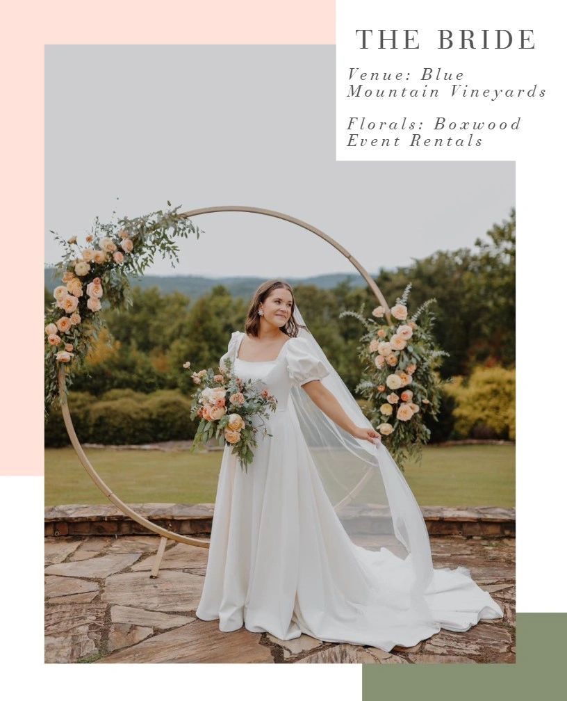 Bride stands in front of altar with a bouquet in North Georgia wedding at Blue Mountain Vineyard.