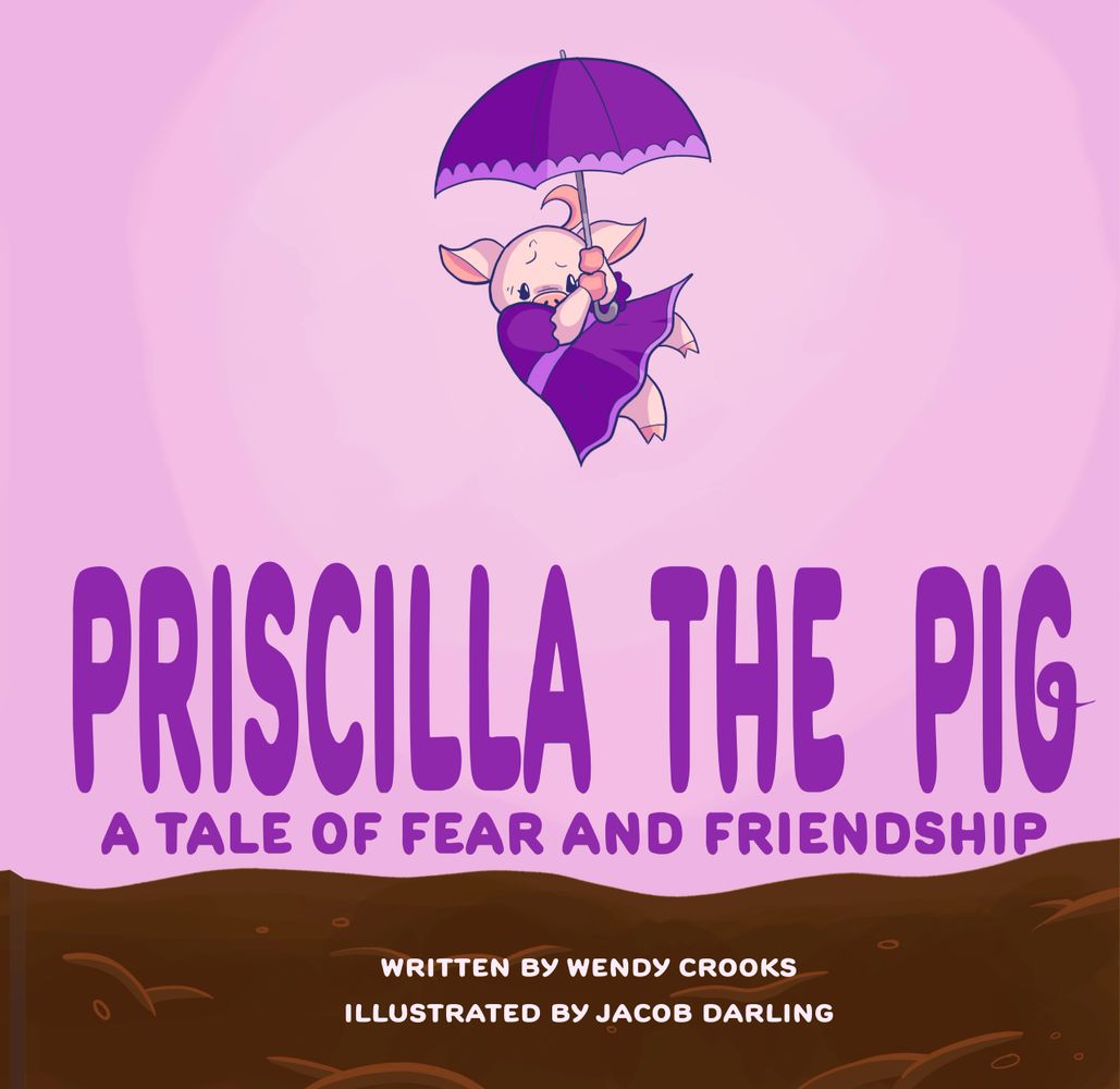A pig named Priscilla holds a purple umbrella, floating above the ground.