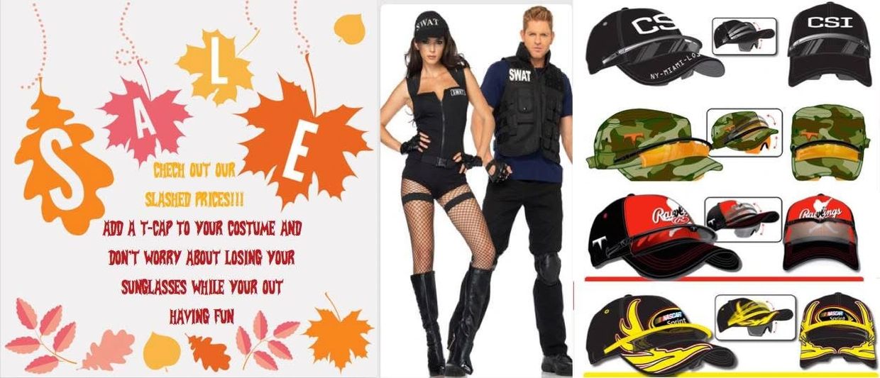 Fall sale promotion with slashed prices and costume T-caps for fun and sunglasses security.