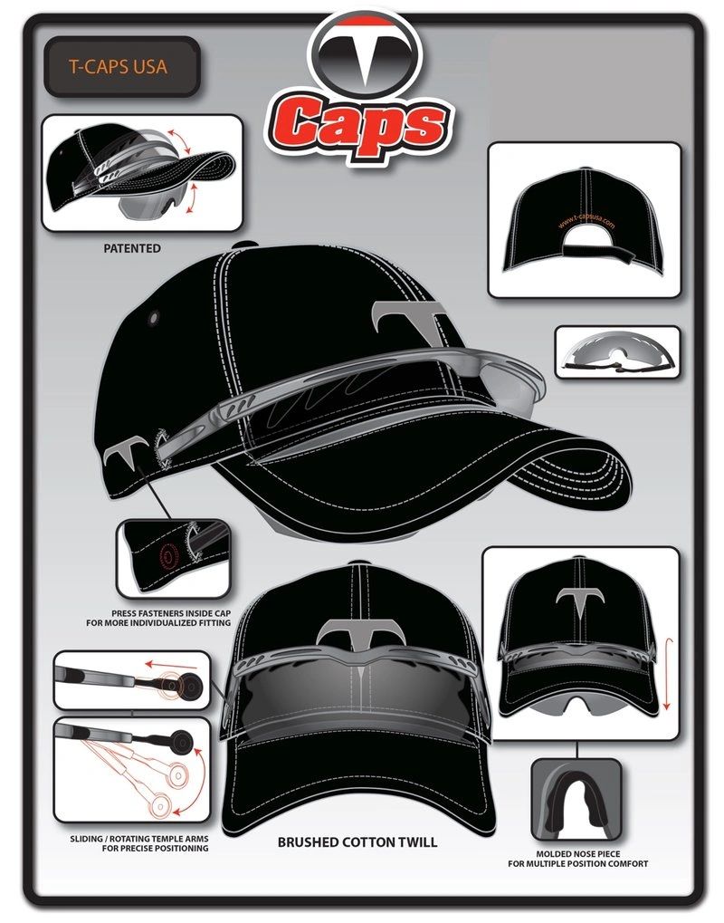 Innovative T-Caps USA featuring adjustable sunglasses and customizable fit with pressed fasteners.