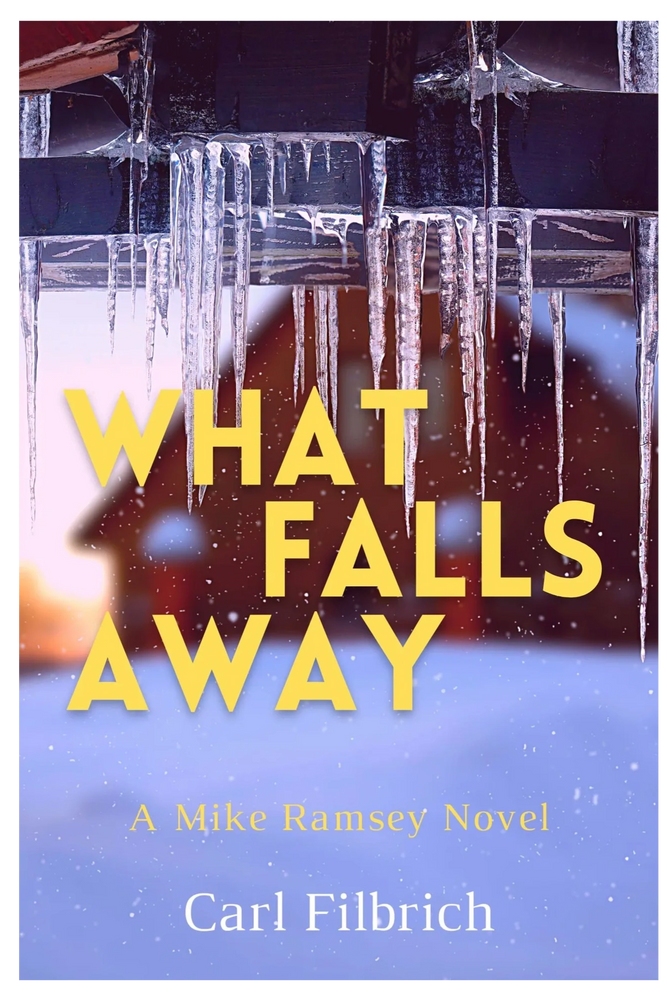Book cover. Snowy scene with icicles