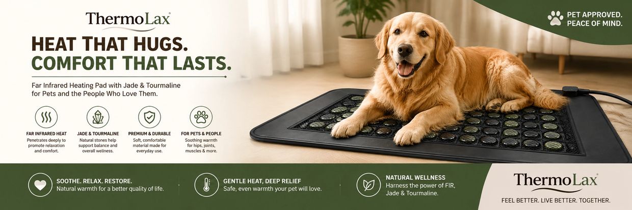 Golden retriever on ThermoLax heating pad at home.