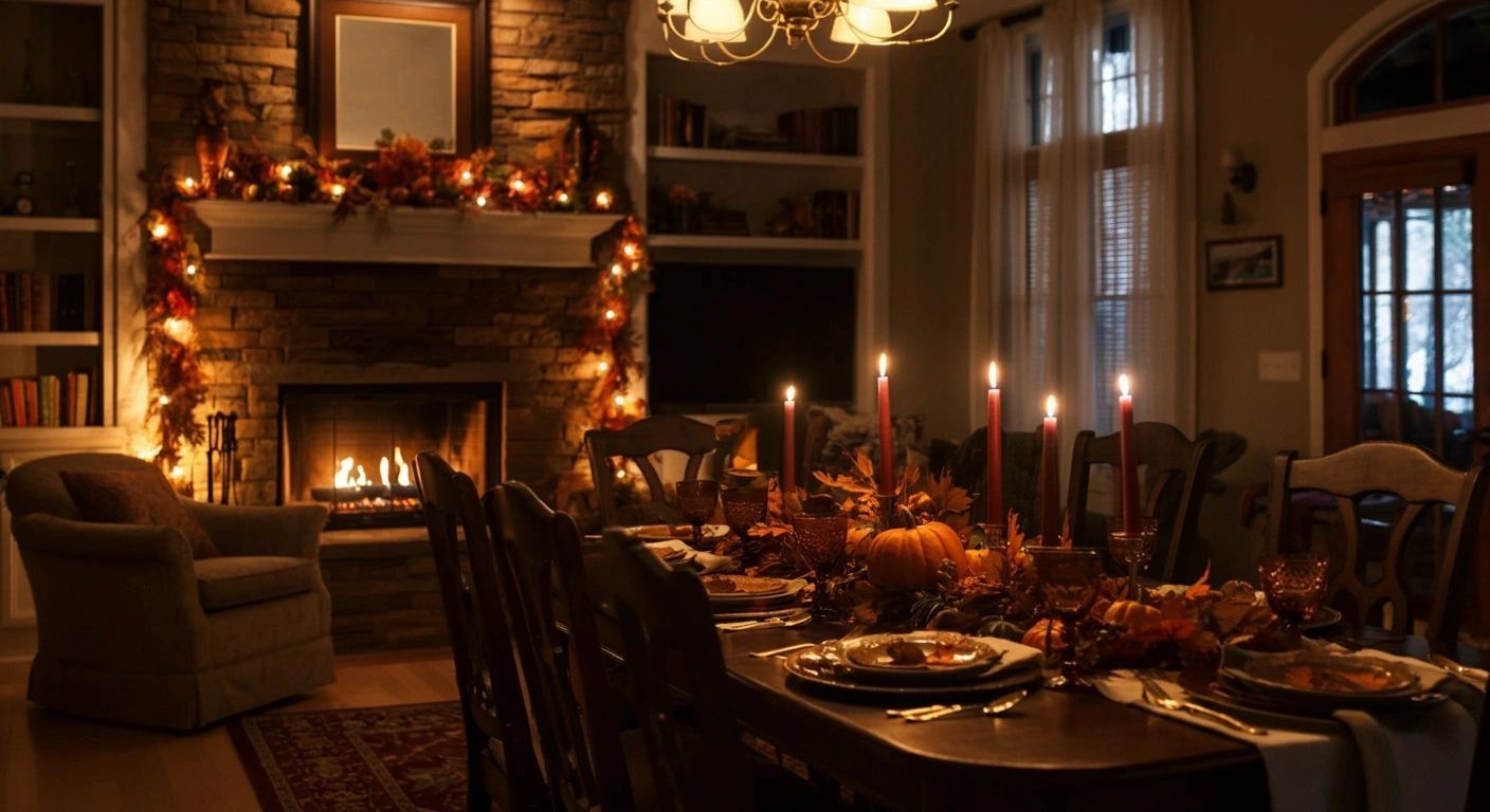 Warm, cozy dining room with autumn decorations and lit candles.
