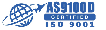 AS9100 and ISO 9001 certification logos representing aerospace and quality management compliance.