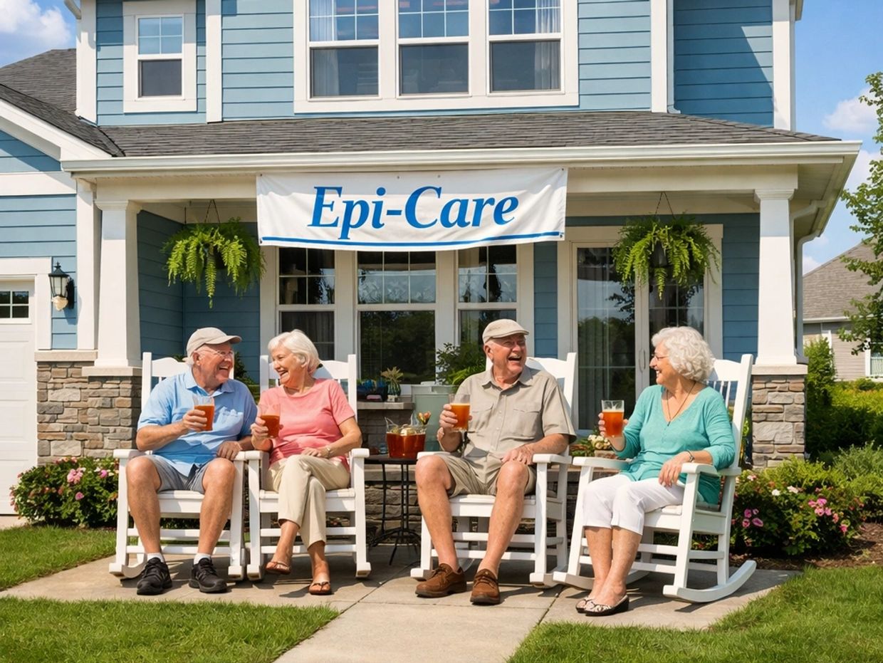 Four elderly people enjoying drinks on rocking chairs outside a blue house.