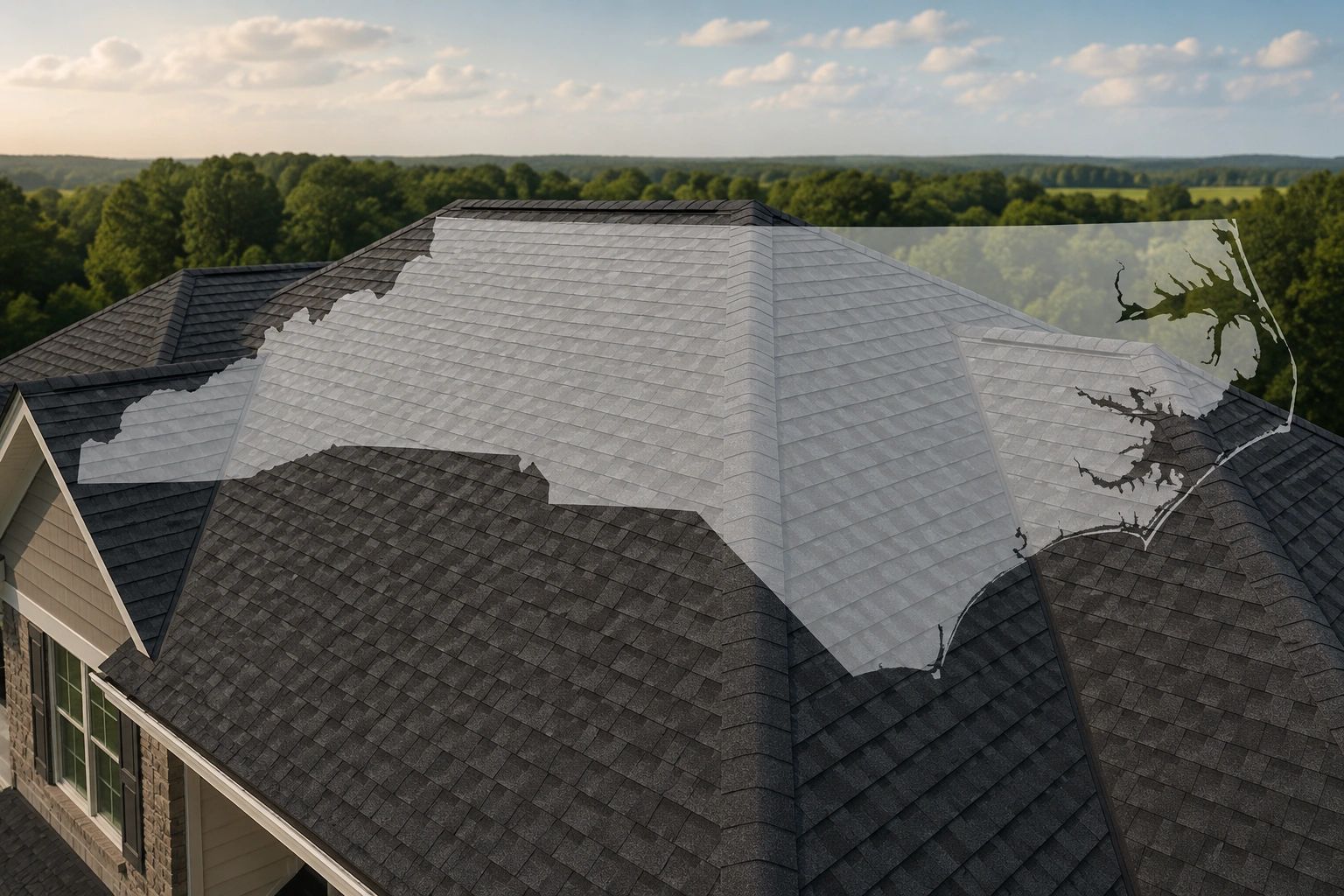 House roof with transparent overlay of North Carolina state map.