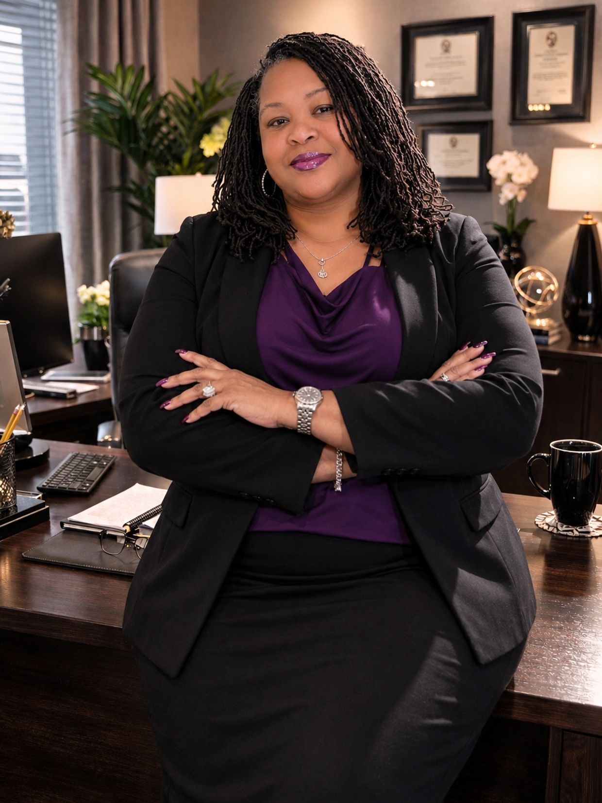 Confident woman in professional attire sitting on a desk in an office.