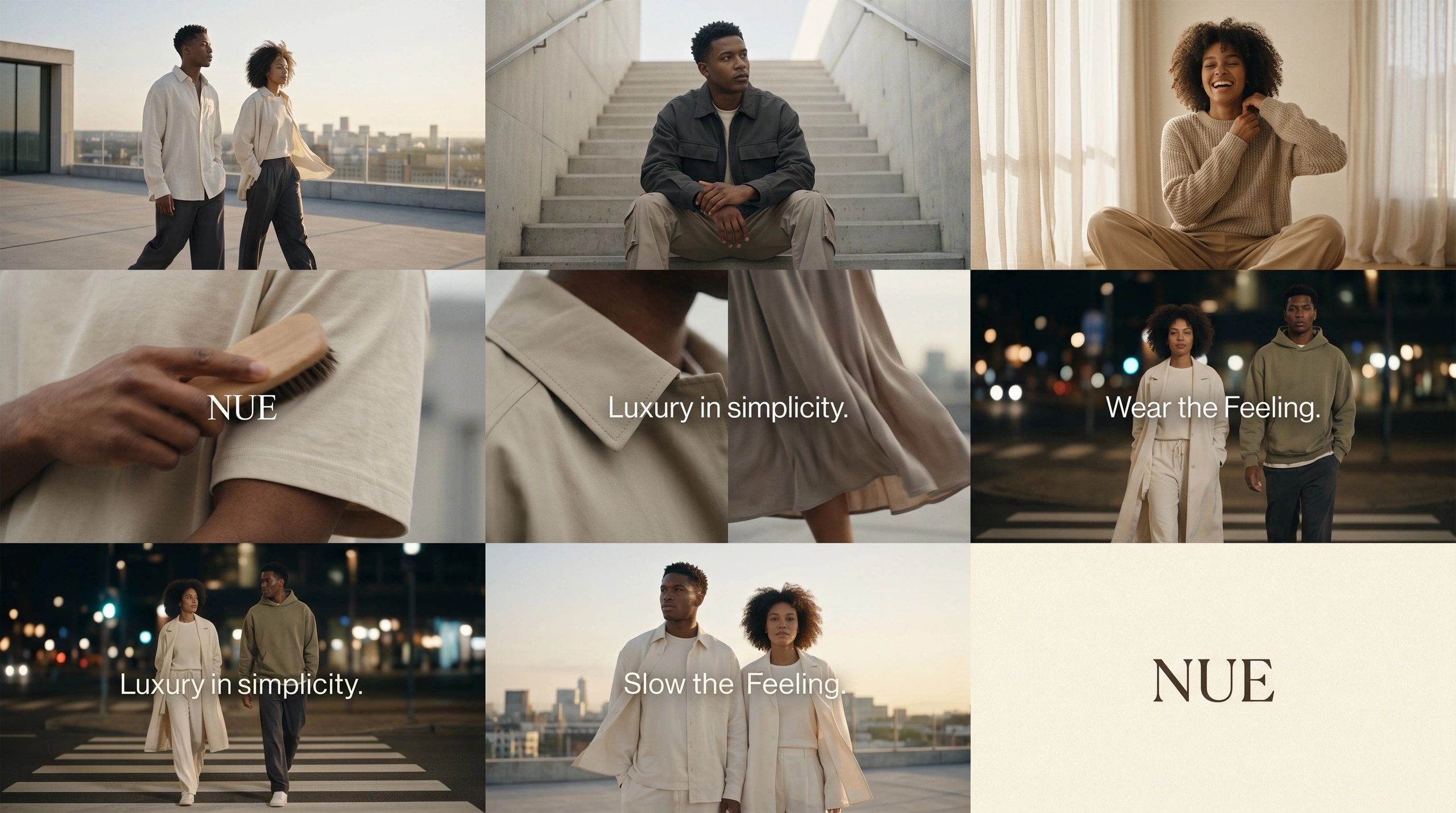 Elegant, minimalist fashion featuring diverse models with the tagline 'Luxury in simplicity.'