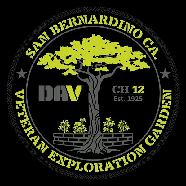 Emblem of San Bernardino Veteran Exploration Garden with a tree and plants.