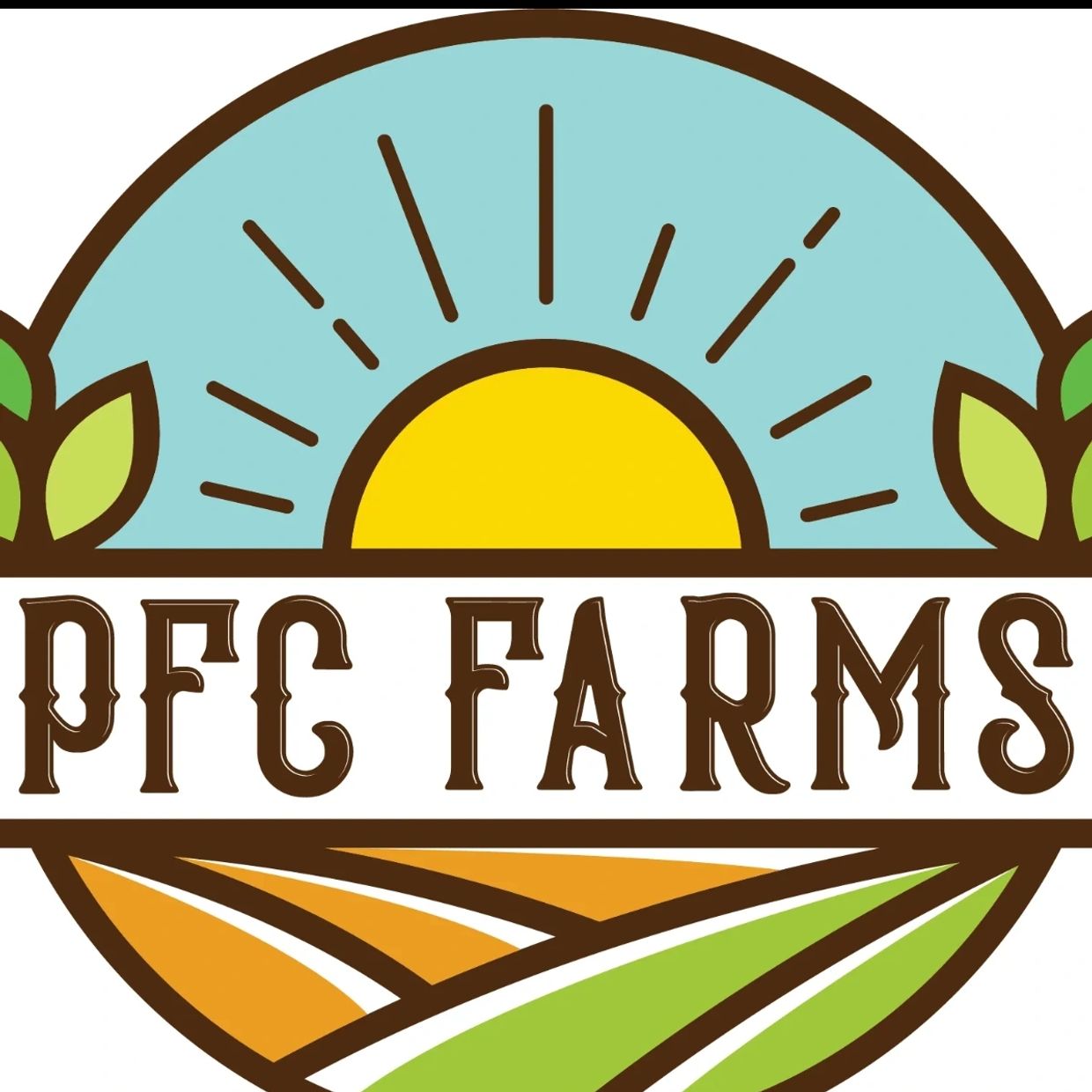 Logo of PFC Farms with sun, leaves, and fields illustration.