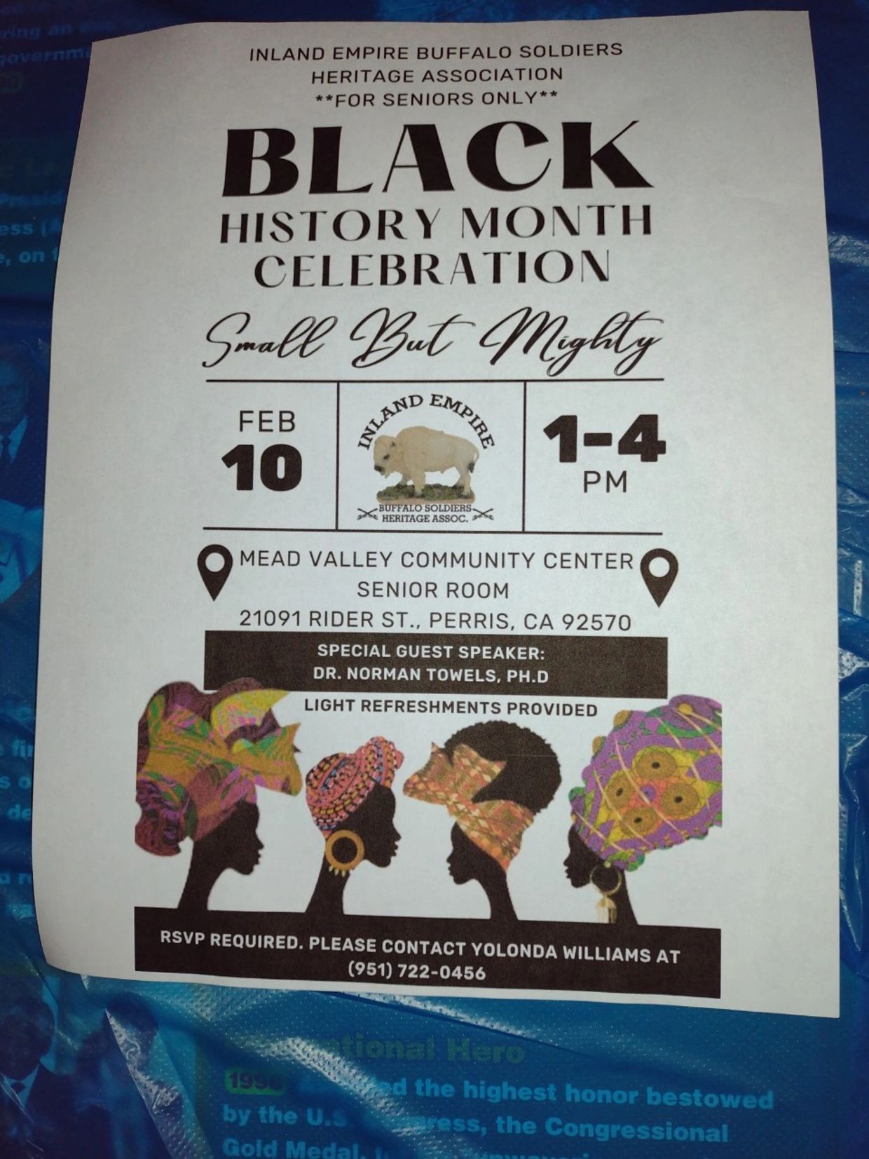 Flyer for Black History Month celebration by Inland Empire Buffalo Soldiers Heritage Association.